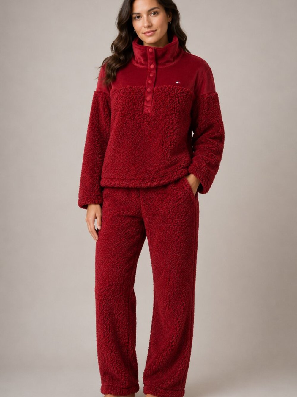 NEW Tommy Hilfiger Sherpa Velour Lounge Set Red Size M
